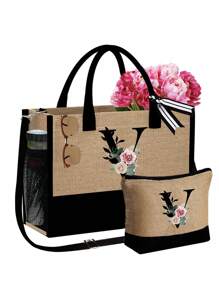 1 set, Bolso de mano tipo tote con estampado de flores con inicial A y correas para el hombro & Set de bolsas de maquillaje con iniciales de la A a la Z, bolso de regalo personalizado con bolsillos laterales, bolso de playa con pañuelo, bolsos de almacenamiento portátiles y de ocio, bolsas de compras multifuncionales, bolsa de almacenamiento simple para viajes