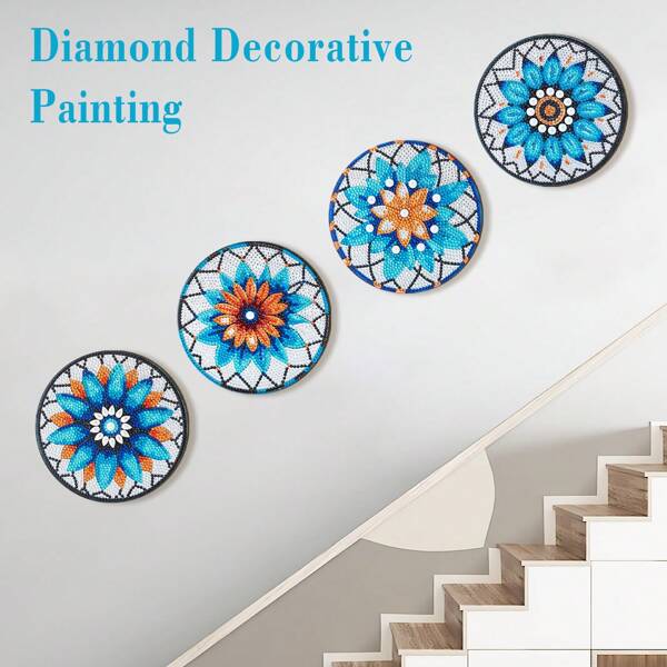4 piezas Kits de pintura de diamantes de mandala DIY para decoración de pared, diamante redondo de cristal hecho a mano y diversión, arte de pared de pintura de diamantes de madera, decoración de pared geométrica abstracta redonda, placa de madera artística, decoración del hogar para habitación, pared, granja, porche, sala de estar, regalo sorpresa perfecto para fiestas, regalo de inauguración de la casa