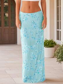 Women Summer Skirt Casual Elegant Sequin Floral Embroidery Long Skirt For Beach Vacation Club Streetwear - 藍色 - 查看 4