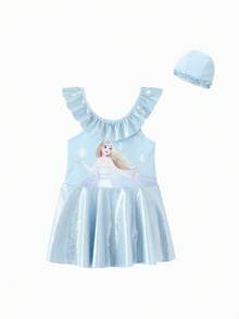 Balabala Disney Elsa Girls' One-Piece Swimsuit With Swimming Cap, Princess Style Swimwear, Ruffled Collar, UV Protection, Shimmery Fairy-Like Swimsuit