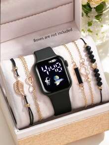 6/1pc时尚简约方形电子表，配备5个精致的叶子形手链，适合女生佩戴，是生日、返校、毕业的理想礼物，是旅行的必备品，也是送给女生的理想礼物