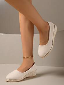 Women's Spring/Autumn New Elegant Comfortable Wedge Heel Slip-On Shoes, Thick Woven Straw Rope Sole - Beige - View 4