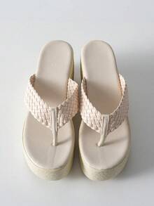 Tropiscape 女士米色皮革编织人字拖,厚底设计,舒适坡跟,休闲拖鞋,适合居家、度假及各种场合穿着,营造度假氛围,放松身心,海滩休闲,秋季圣诞节,冬季圣诞节礼物。 - 米色 - 查看 9