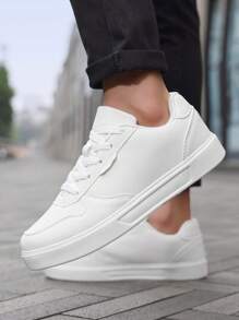 Unisex White Lace-Up Casual Sneakers, Minimalist Patchwork Design Skateboard Shoes, Versatile For Daily, Sports, Campus & Street Wear, Couple Style