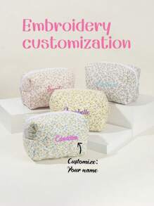 1pc Women's Personalized Quilted Ditsy Floral Cosmetic Bag, Portable Travel Toiletry Organizer, Large Capacity Embroidered Customized Beauty Bag, Soft Multi-Functional Storage Pouch, Ins Style Octagonal Letter Bag, High-Quality Bridesmaid Gift, Suitable For Daily Use, Gift For Family, Friends, Mother, Partner, Mother's Day, Valentine's Day, Nurse Day, Teacher's Day, Christmas, Anniversary, Birthday, High School Senior High School Students, College Students, University Students, Freshman, Sophomore, Underclassmen
