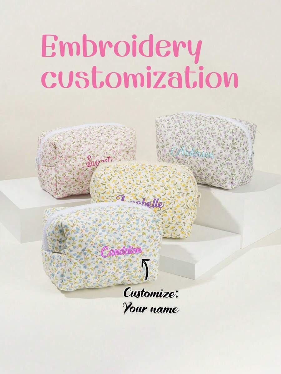 1pc Women's Personalized Quilted Ditsy Floral Cosmetic Bag, Portable Travel Toiletry Organizer, Large Capacity Embroidered Customized Beauty Bag, Soft Multi-Functional Storage Pouch, Ins Style Octagonal Letter Bag, High-Quality Bridesmaid Gift, Suitable For Daily Use, Gift For Family, Friends, Mother, Partner, Mother's Day, Valentine's Day, Nurse Day, Teacher's Day, Christmas, Anniversary, Birthday, High School Senior High School Students, College Students, University Students, Freshman, Sophomore, Underclassmen