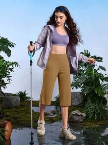 Women's Wide Leg Yoga Capris High Waist Loose Fit Dress Pants With Pockets Casual Lounge Capri Pants For Women - 深卡其色 - 查看 6