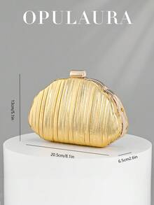 OpulAura 女士简约贝壳形奢华皮革手拿包，优雅迷人的晚礼服包，闪亮的夜间手提包，适合鸡尾酒会、正式活动、浪漫婚礼，配有链条 - 金色 - 查看 5
