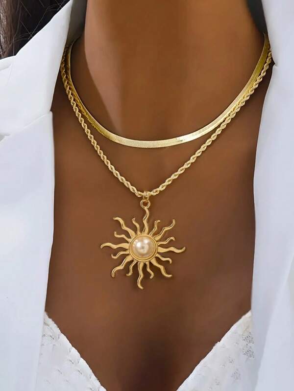 1 stuk unieke onregelmatige ketting met ingelegde imitatieparels en een zonhanger, delicate platte slangenketting en een dubbele choker met gedraaide ketting, veelzijdige accessoire in vintage stijl, elegante damessieraden voor dagelijks gebruik, feesten en banketten