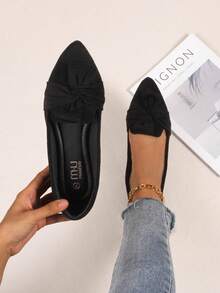 Women's Velvet Bow Detail Flat Shoes - Comfortable Slip-On Ballet Flats, Casual Elegant Loafers For Daily Wear - 黑色 - 查看 3