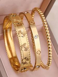 3件/1件 时尚18K镀金不锈钢四叶草钉手链，适合女士派对、日常佩戴，欧美风格，个性化，大方，奢华立方氧化锆手镯，婚礼首饰套装，送给女孩、女士、亲戚、朋友的礼物，精美婚礼、生日、情人节礼物