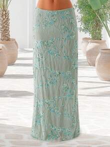 Women Summer Skirt Casual Elegant Sequin Floral Embroidery Long Skirt For Beach Vacation Club Streetwear - Màu xanh Bạc hà - Xem 3