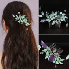 Peine para el cabello con hoja de cristal para novia, adorno para el cabello hecho a mano con inserto verde lateral, accesorio para el peinado decorado con perlas para vestido