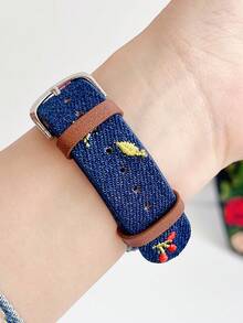 1pc Women's Embroidered Bows, Flowers, Cherry Washing Denim Leather Watch Strap Compatible With Apple Watch Band 38mm 40mm 41mm 42mm 44mm 45mm 49mm S10 42mm S10 46mm, Stylish, Cute,,Comfortable Replaceable Band Compatible With Iwatch Series 11 Ultra 3 SE3 Ultra 2 S10 SE2 9 8 7 SE 6 5 4 3 2 1 - Royal Blue - View 5