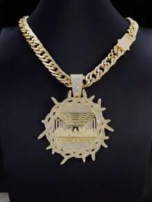 1 pieza Dije con colgante de la Última Cena en estilo medallón redondo chapado en oro de 14K, con cadena de estilo cruz - Dorado - Ver 2