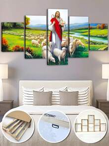 1/5件套，带框装饰艺术风格帆布画，经典宗教艺术，上帝引领羊群，耶稣牧羊，耶稣放羊，含赠品，适合客厅、卧室和酒吧墙面装饰