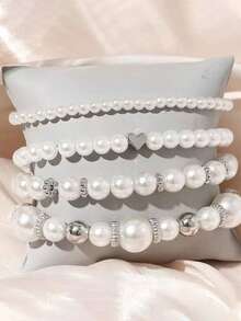 4pcs/Set Minimalist Chic Multi-Layer Pearl Bracelets, Suitable For Daily Wear - one-size - View 3