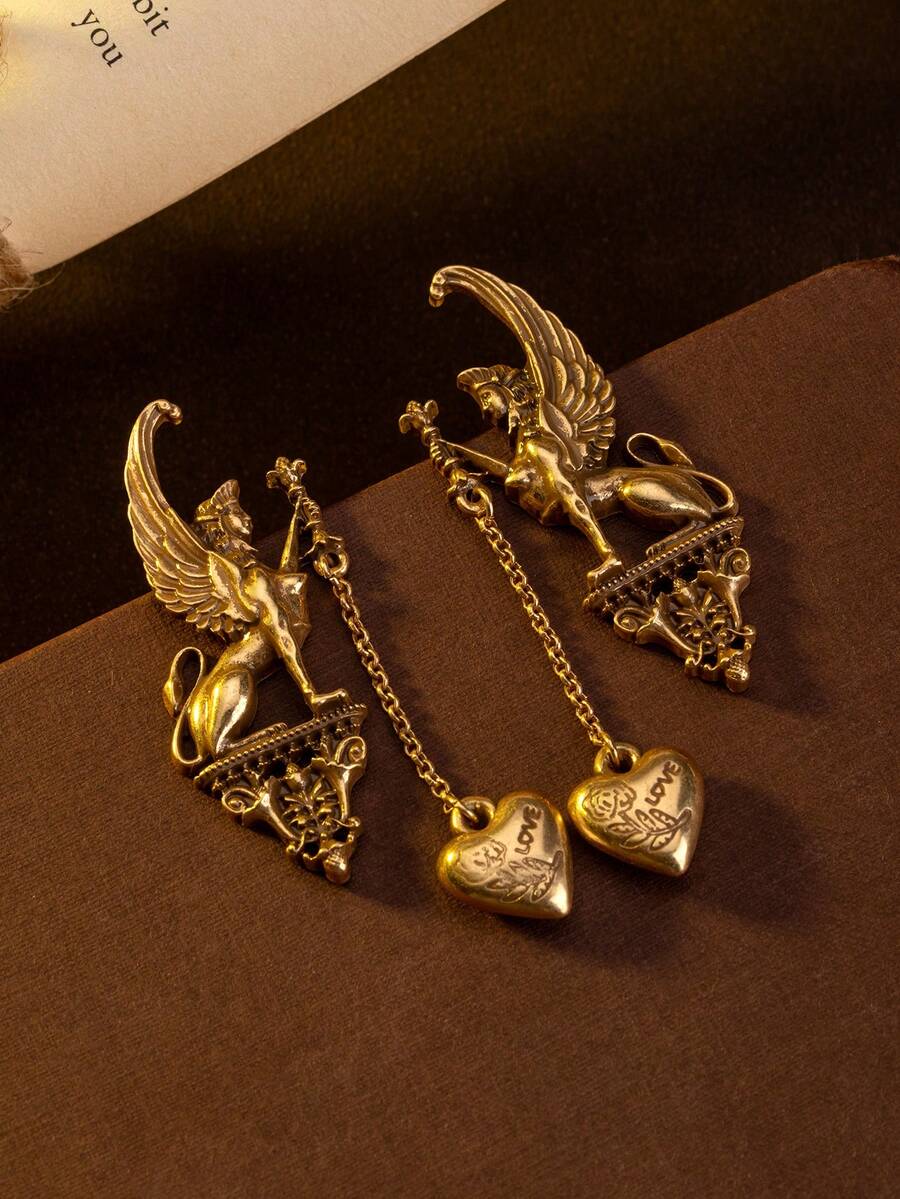 1 Paar vintage herzförmige mythische Bestien Ohrringe, 2 Farboptionen, geeignet für den täglichen Gebrauch, als Geschenk oder Partyzubehör - Dark Gold - Übersicht 1