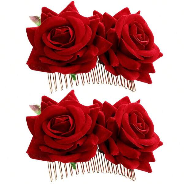 1 Stück Rose Blume Haarclip Frauen Rose Blume Haraccessoires Hochzeit Haarclip Flamenco Tänzerin (Rot) Haarkämme Seitenkämme