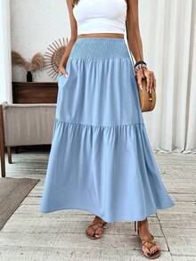 Women's Long Ditsy Floral Skirt, Casual Elastic Waist With Pockets, Ruffle Hem, A-Line Skirt For Summer Spring - Sky Blue - View 3
