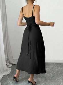 Váy ngủ hở lưng màu trơn thanh lịch gợi cảm cho nữ, dây chéo, thường ngày đi nghỉ, mùa xuân/hè/thu/mọi mùa - màu đen - Xem 4