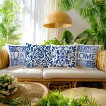 4PCS Blue And White Porcelain Floral "LOVE" "HOME" Letter Pattern Pillow Covers [Without Pillow Inserts], 17.7*17.7in(45*45cm), [Single-Sided Printing], Polyester Decor Pillow Cases, Home Decor, Bedroom Decor, Room Decoration For Sofa, Bed, Living Room, Bedroom, Car, Office, Hotel, Perfect Gift For Family And Friends, All Seasons