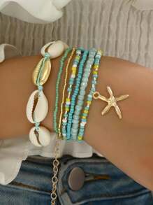 7 pièces/Set Bracelet style bohème avec coquillage et perle avec pendentif étoile de mer, Set de bracelets pour femmes (couleur de perle aléatoire)