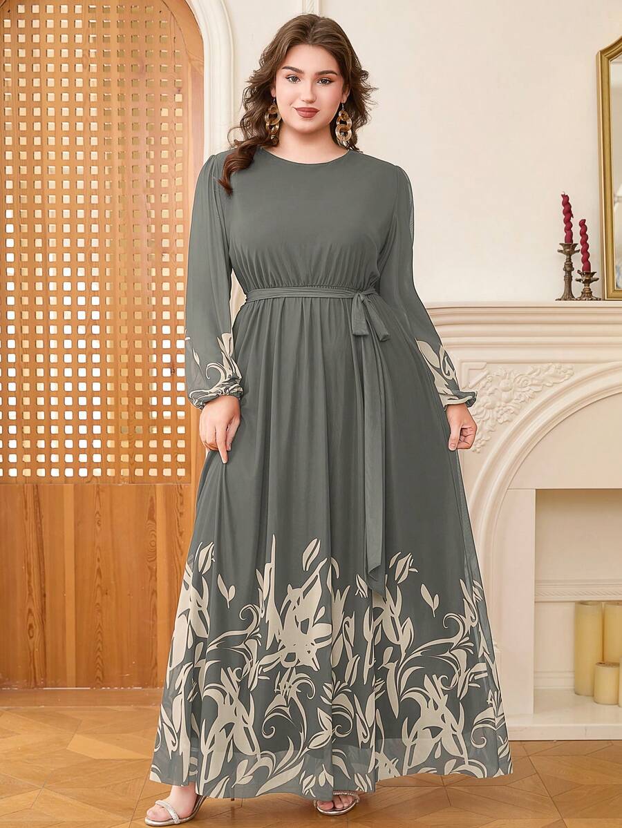 DEARCASE Plus Size Elegant Floral Print Balloon Sleeve A-Line Dress