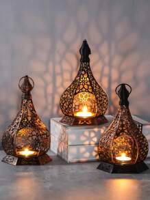 1pc Moroccan Style Metal Candle Holder, Vintage-Inspired Gilded Openwork Carved Wind Lamp, Romantic European Wedding Decor, Aromatherapy Candle Holder, Seascape Theme Decorative Hanging Light For Home, Courtyard, Garden, Villa, Distressed Lantern Design For Home Ambiance - Shipped Without Candles