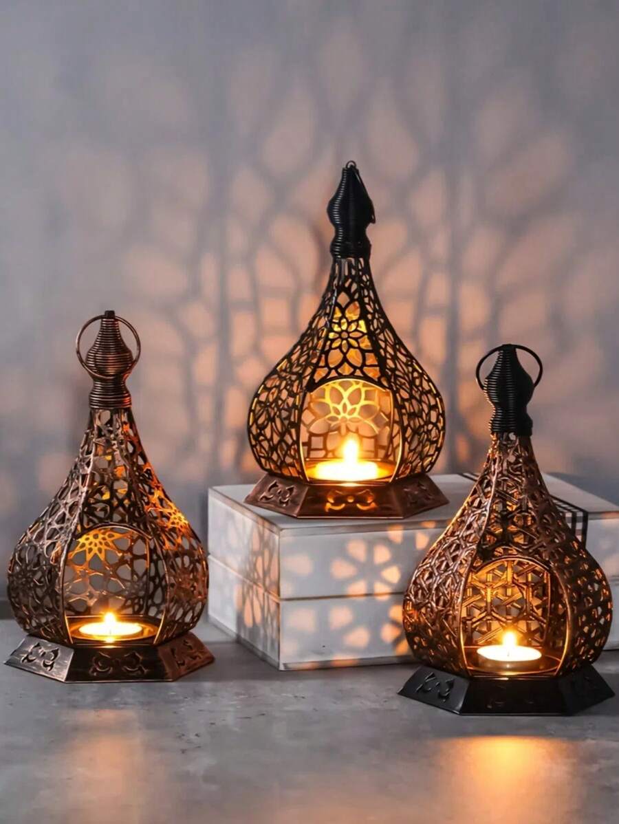 1pc Moroccan Style Metal Candle Holder, Vintage-Inspired Gilded Openwork Carved Wind Lamp, Romantic European Wedding Decor, Aromatherapy Candle Holder, Seascape Theme Decorative Hanging Light For Home, Courtyard, Garden, Villa, Distressed Lantern Design For Home Ambiance - Shipped Without Candles