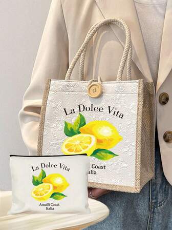 Vibrantes Zitronenmuster bedruckte Aufbewahrungstaschensatz, Shopper und Kosmetiktasche, wiederverwendbare bedruckte Damen-Einkaufstasche, Kosmetiktasche, Einkaufstasche mit Doppelgriff für Schule, tragbare Wäschetasche, Umhängetasche mit großer Kapazität, lässige Einkaufstasche, Ladekabel-Aufbewahrungstasche, Geschenktasche, tragbare Einkaufstasche, leicht faltbare Aufbewahrungstasche, geeignet für Reisen, Strand, Lehrertasche, Muttertagsgeschenk, Abschlussgeschenk, Pendeln, Schule