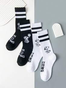 SNOOPY 2 pares de calcetines de media pantorrilla de rayas de dibujos animados de alta calidad en negro y blanco para hombres, calcetines de mujer de la caricatura Snoopy, calcetines de verano regalo para hombres, calcetines transpirables y cómodos, estilo de pareja