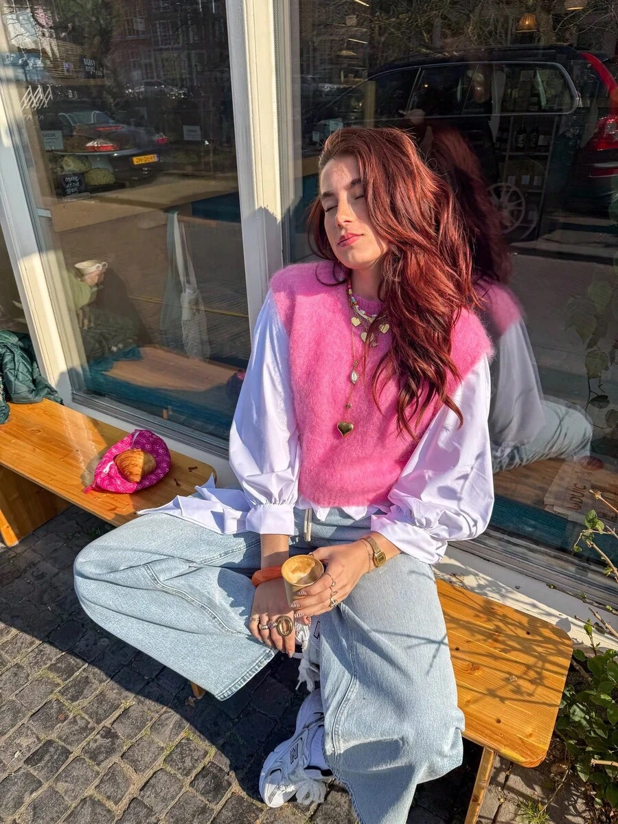 女士针织圆领无袖毛衣背心，时尚休闲简约百搭街头风，四季皆宜，适合日常通勤 - 玫紅色 - 查看 1