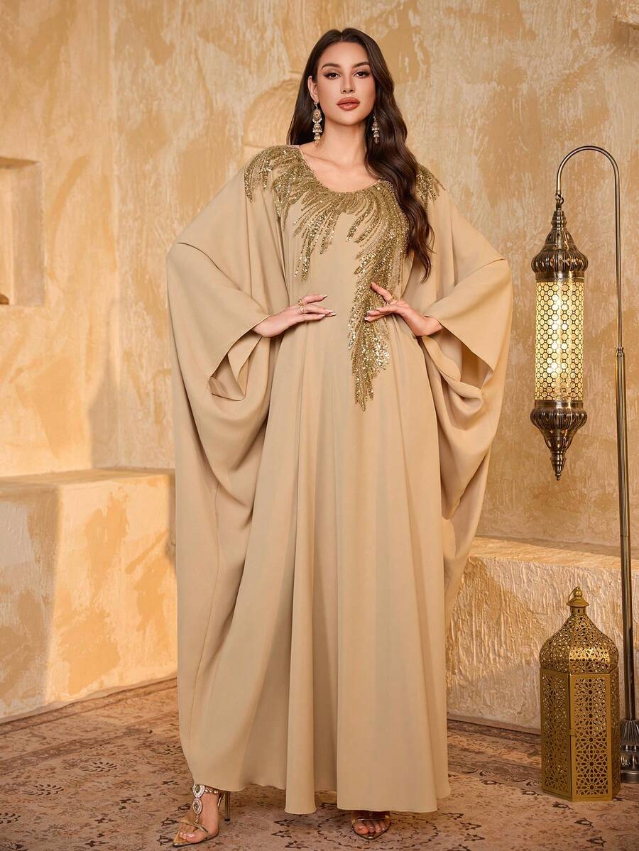 SUPGIR 女士 V 领手工亮钻飘逸袖修身褶饰雪纺晚礼服 - 香檳色 - 查看 1