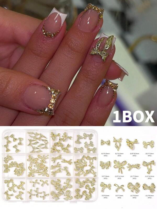 60pcs/Box Gold-Tone Bowknot Nail Charms Set - Edgy 3D Alloy Bowknot Nail Art Decorations For DIY Manicure, Salon Supplies & Fashion Jewelry Design Nail Supplies