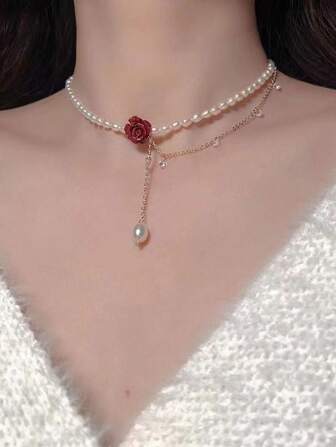 1 件珍珠和玫瑰花轻质项链，优雅奢华精品颈链，适合女士