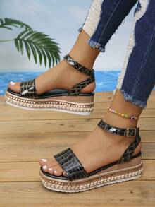 Women's Crocodile Embossed Rivet Decor Ankle Strap Strap Buckle Sandals, Elegant Vacation Style Platform Wedge Heels, Black & Gold Color, Random Pattern - Black and Gold Crocodile Pattern - View 4