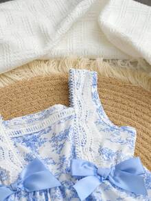 Baby Girls Lace Trim Off Shoulder Sleeveless Bow Decor Dress, Summer - Blue - View 3