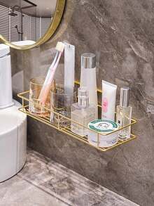 1pc Bathroom Wall Mounted Storage Rack, Metallic Gold Bathroom Organizer Shelf For Vanity, Skincare, Makeup Products, Kitchen Wall Mounted Shelf Back To School Bathroom Accessories - 1 Pack - Golden Large Size - View 5