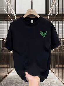 fashion new men's breathable short sleeve T-shirt summer high quality round neck printed sports top" + White Black T-shirt with green heart. Suitable for sports and everyday casual wear' - Negro - Ver 1