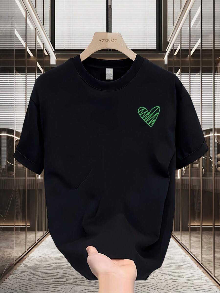fashion new men's breathable short sleeve T-shirt summer high quality round neck printed sports top" + White Black T-shirt with green heart. Suitable for sports and everyday casual wear' - Negro - Ver 1