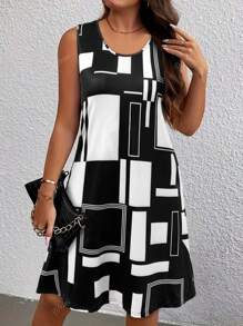 Vestido de verano para mujer talla grande, vestidos midi sin mangas con estampado geométrico (disponible en tallas 1X-5X), vestido bohemio casual chic para playa y vacaciones