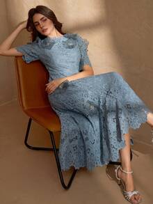 Women's Elegant Floral Applique Back Zipper Flared Dress Summer - Dusty Blue - View 6