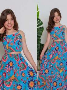 Girl's Set, Long Skirt And Cropped Top, Children's And Youth, 2 Pieces, Multicolored - 藍色 - 查看 3
