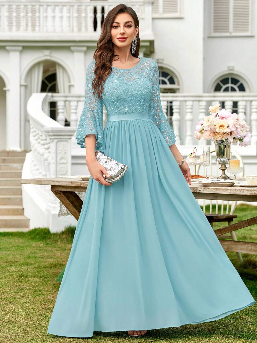 MIUSOL Sequin Floral Lace Bell Sleeve Colorblock Chiffon Ruffle Hem Formal Party Dress, Wedding Guest Gown