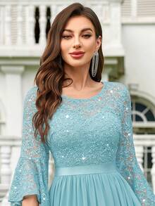 MIUSOL Sequin Floral Lace Bell Sleeve Colorblock Chiffon Ruffle Hem Formal Party Dress, Wedding Guest Gown - Mint Blue - View 8