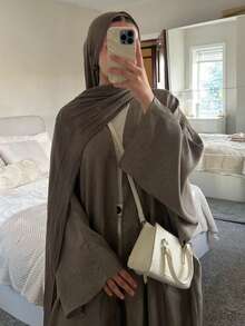 1pc Women's Solid Color Classic Open Robe, Loose Fashionable Comfortable Linen Abaya Long Robe, Minimalist Arabic Dubai, Suitable For Daily Wear And Festivals - Brown - View 2