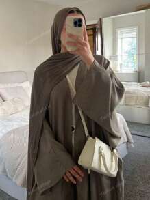 1pc Women's Solid Color Classic Open Cardigan Robe, Loose Fashionable Comfortable Linen Abaya Long Robe, Minimalist Arabic Dubai Outfit, Suitable For Daily Wear And Festivals