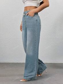 Pantalones vaqueros rectos y sueltos de diseño casual de primavera y verano con botones en diagonal para mujeres, estilo retro azul