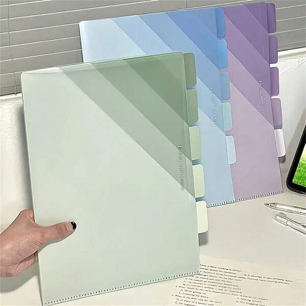 L-Shaped Large Capacity 5-Section Folders, Gradient Green, Purple, Blue - Acrylic Nitrile Styrene Plastic, Great For Storing Test Papers And Student Documents, Test Paper Organizer | L-Shaped Design | Thick Plastic Construction, Back To School, School Supplies